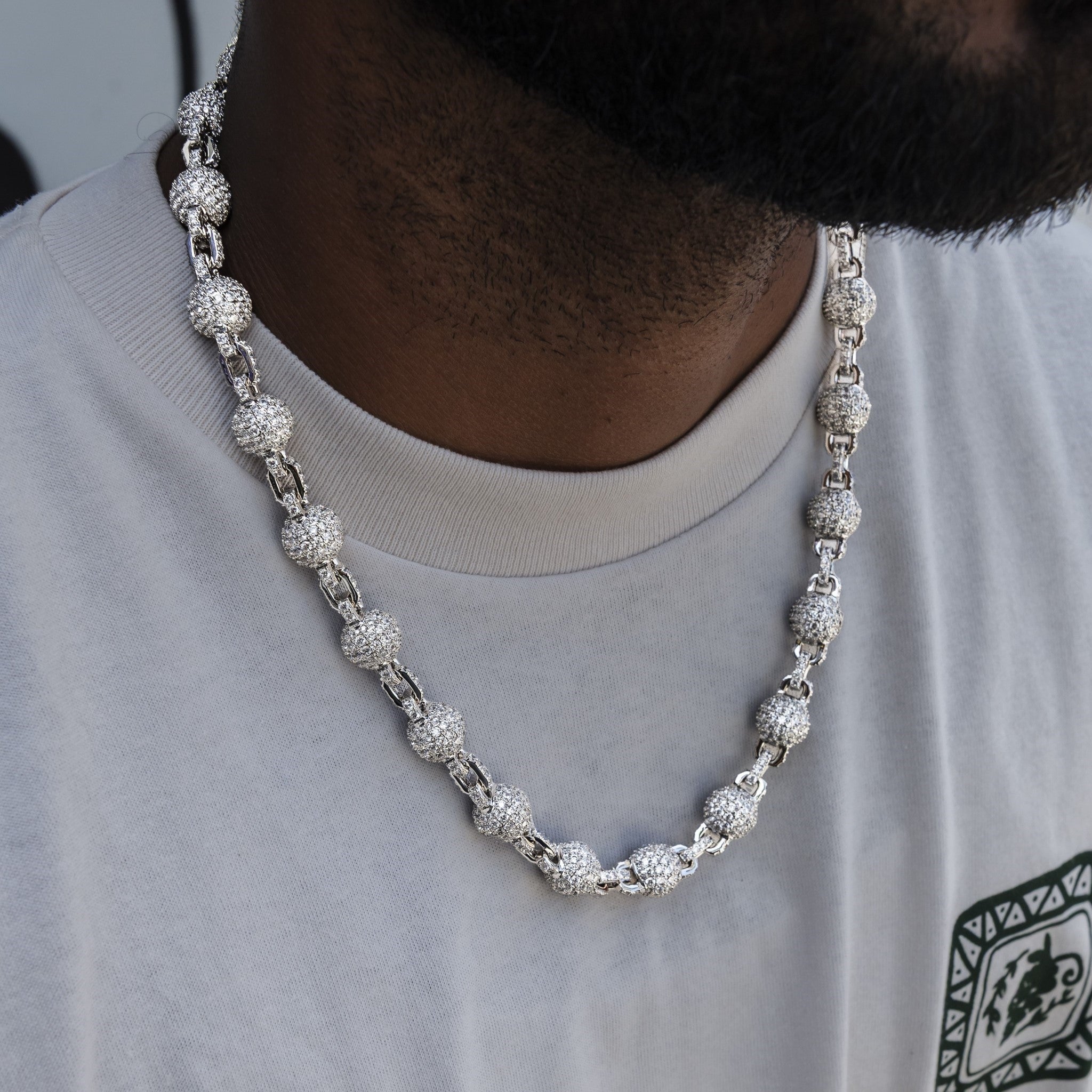 12MM Iced Ball Chain in White Gold