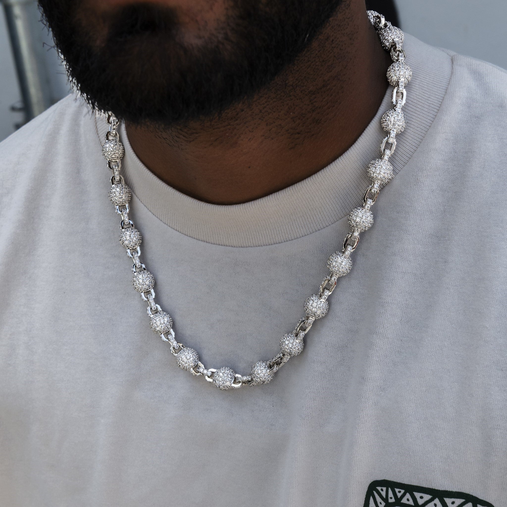 12MM Iced Ball Chain in White Gold