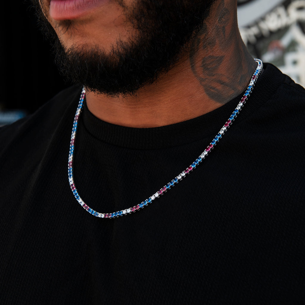 3MM Diamond Tennis Chain - Royal Blue Red White